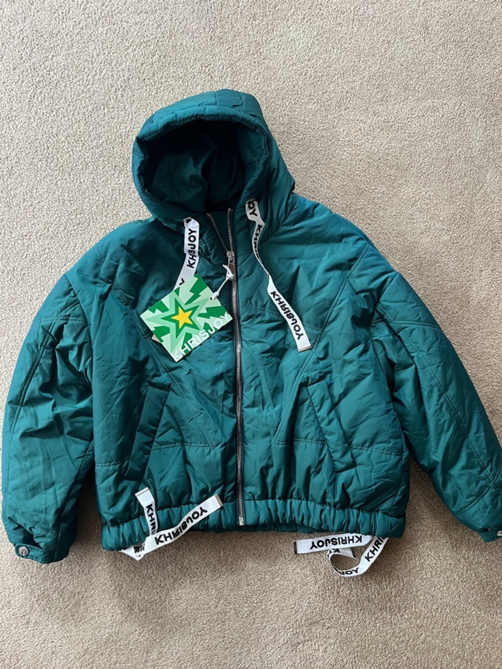 Khrisjoy Deep Green Blue Puffer Jacket with Logo Drawstrings
